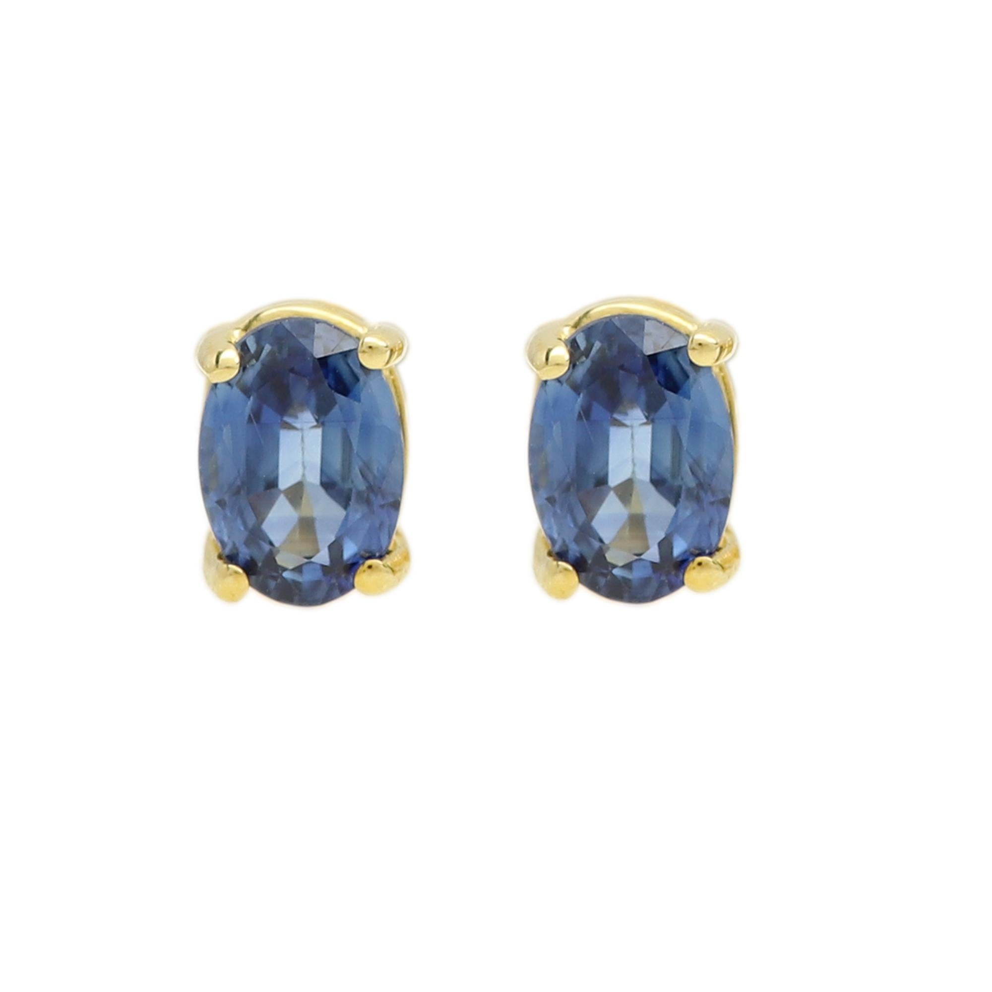 Boucles d'oreilles en or jaune 14 carats avec saphirs bleus ovales 6 x 4 saphirs naturels en vente 7