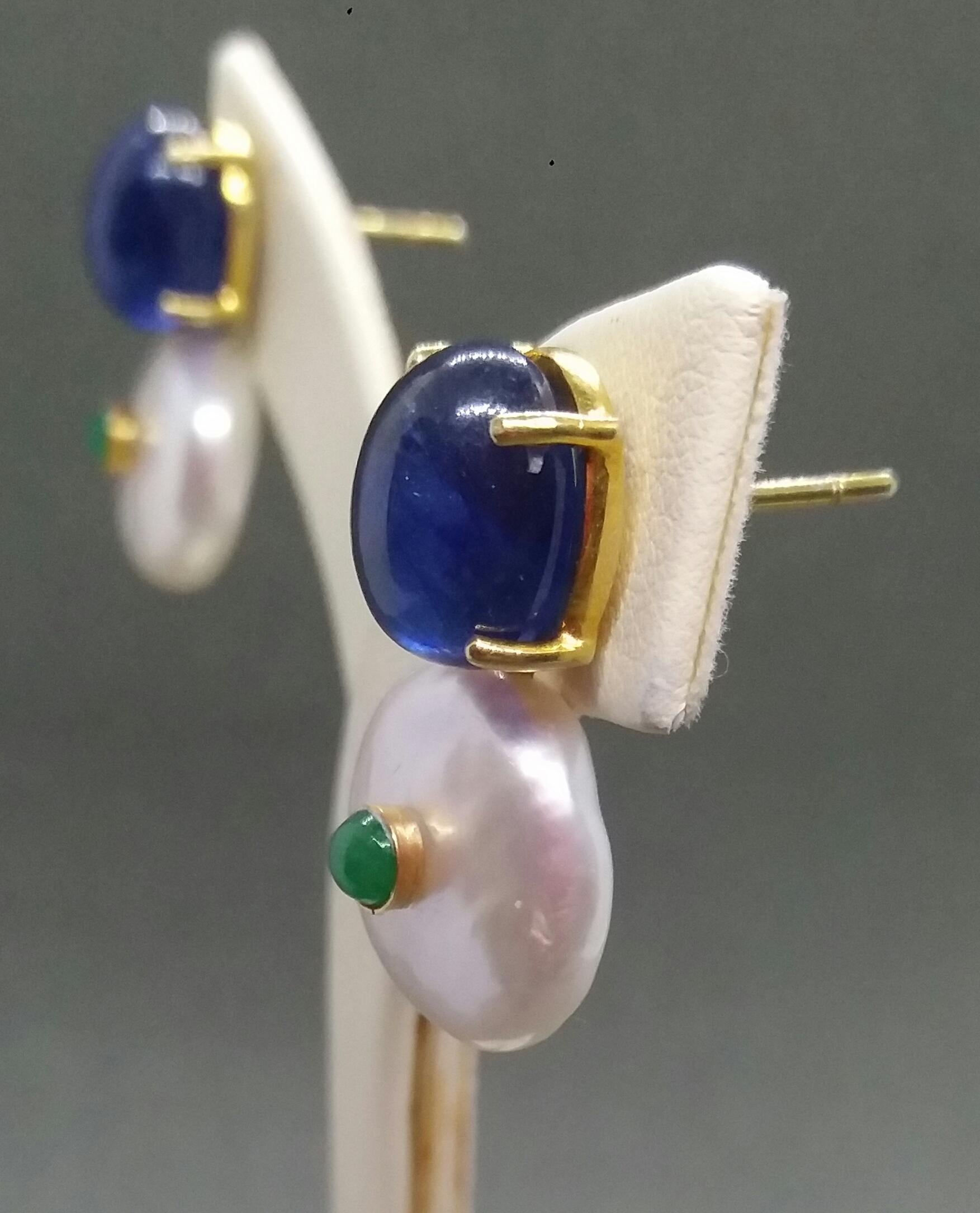 Oval Blue Sapphire Emeralds Baroque Pearls 14 Karat Yellow Gold Stud Earrings For Sale 5