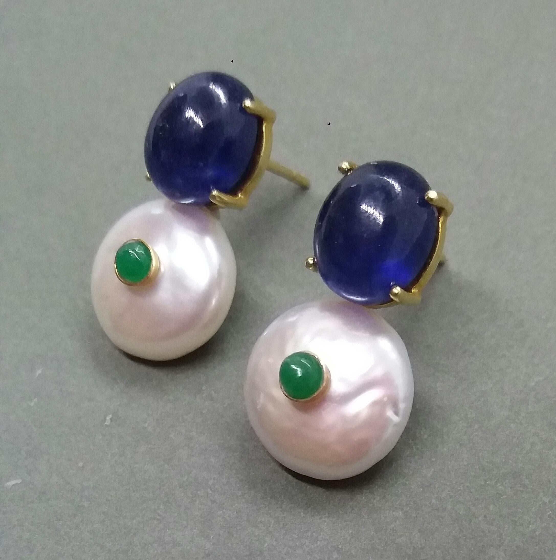 Contemporary Oval Blue Sapphire Emeralds Baroque Pearls 14 Karat Yellow Gold Stud Earrings For Sale