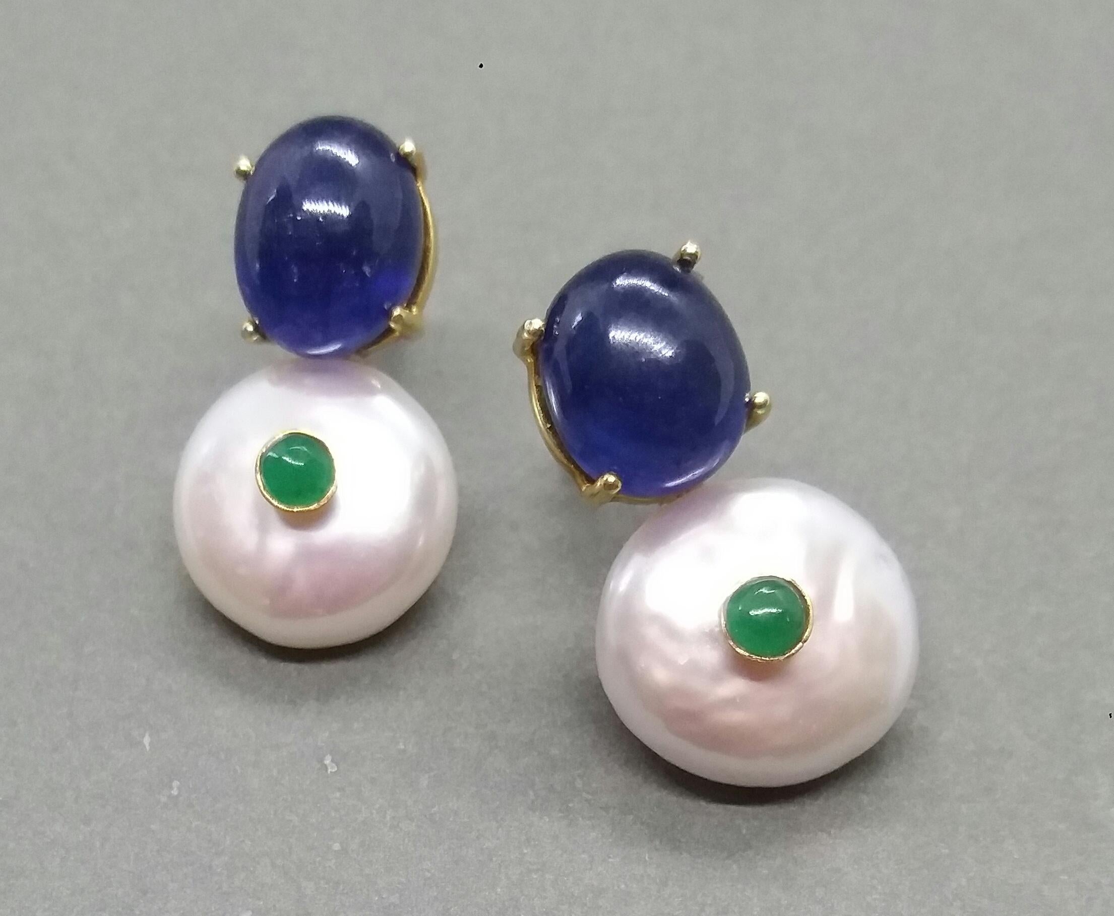 Oval Cut Oval Blue Sapphire Emeralds Baroque Pearls 14 Karat Yellow Gold Stud Earrings For Sale