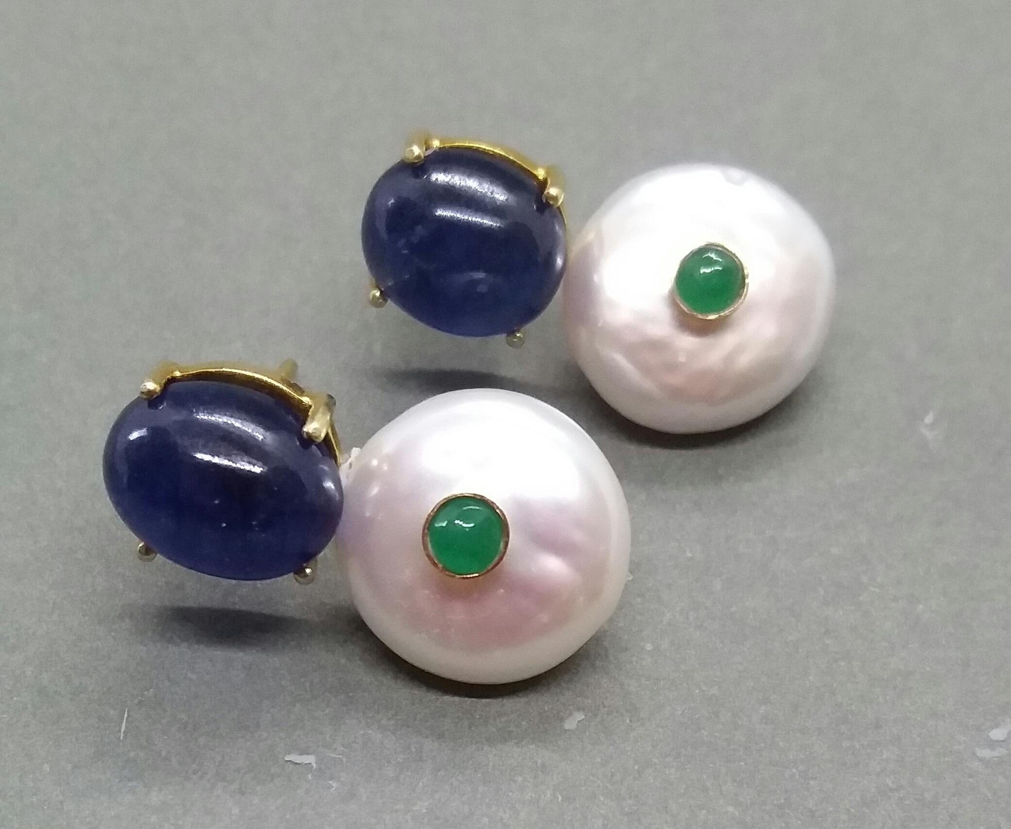 Women's Oval Blue Sapphire Emeralds Baroque Pearls 14 Karat Yellow Gold Stud Earrings For Sale