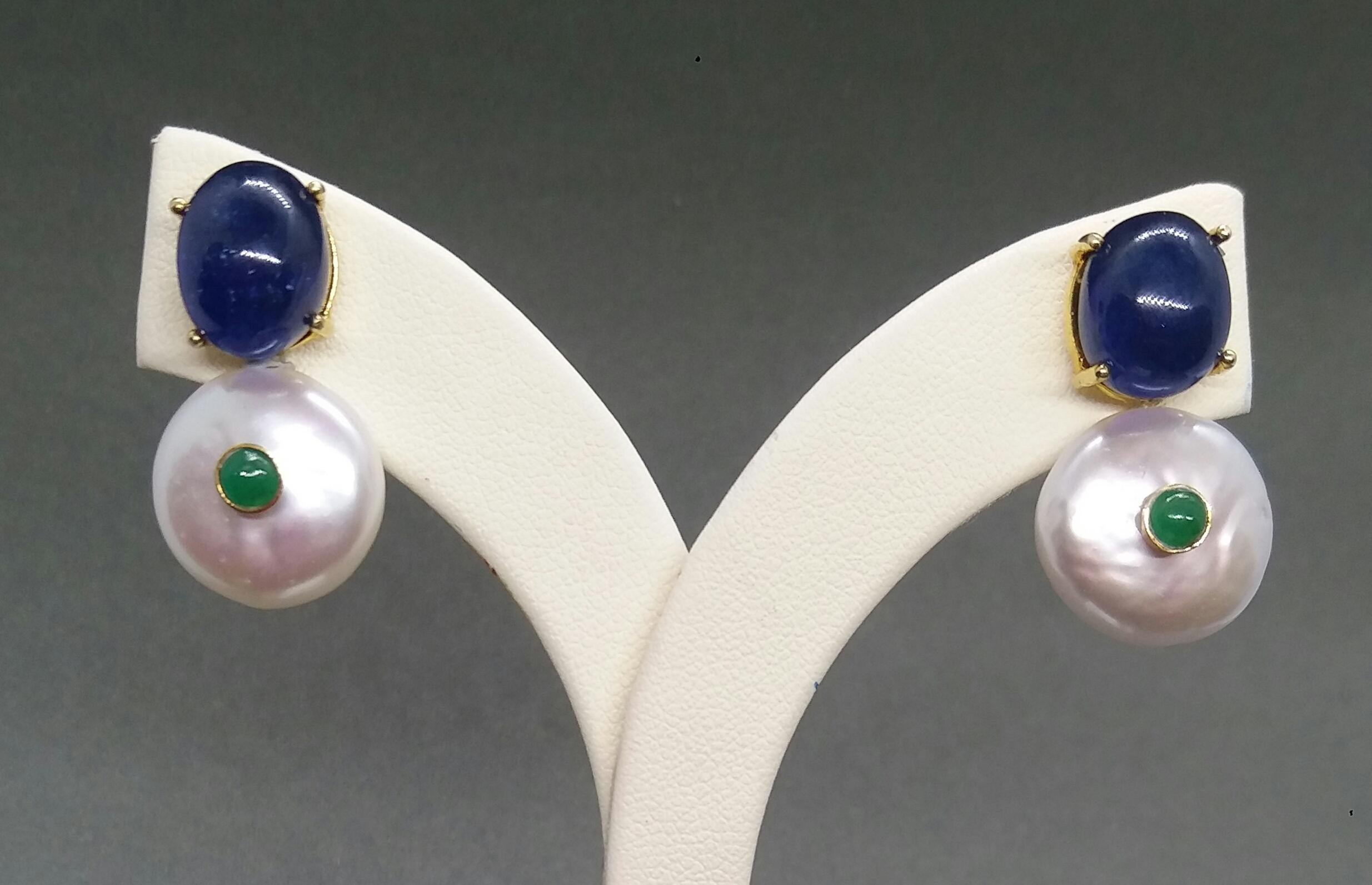 Oval Blue Sapphire Emeralds Baroque Pearls 14 Karat Yellow Gold Stud Earrings For Sale 2