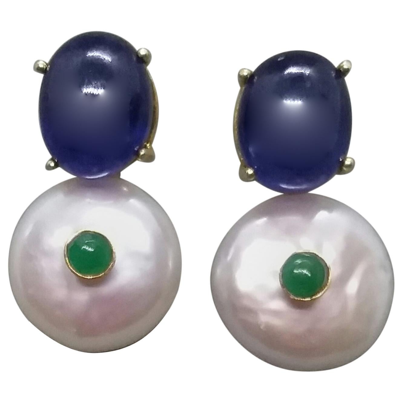 Oval Blue Sapphire Emeralds Baroque Pearls 14 Karat Yellow Gold Stud Earrings
