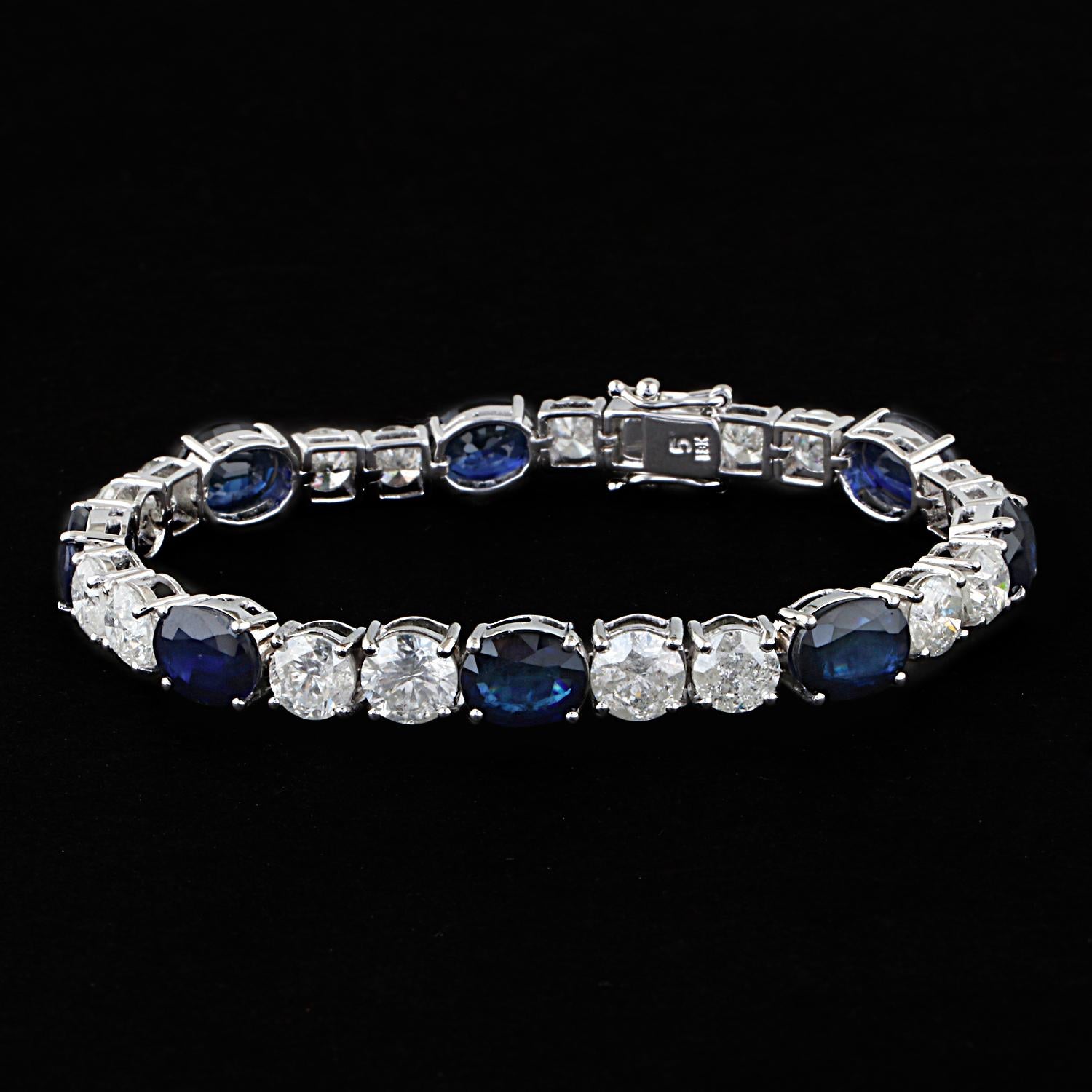 Ovales blaues Saphir-Edelsteinarmband Diamant 14kt Weißgold Handgefertigter Schmuck (Moderne) im Angebot