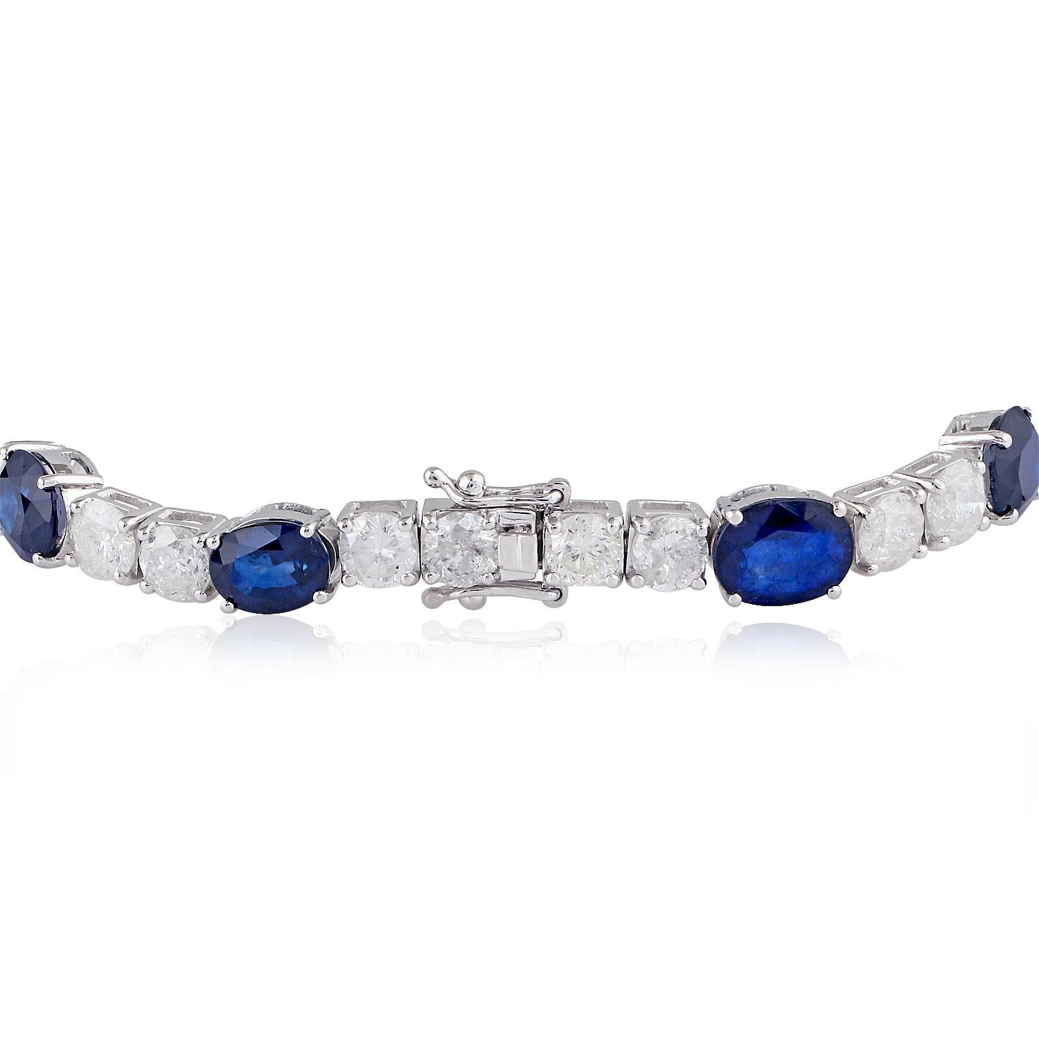 Ovales blaues Saphir-Edelsteinarmband Diamant 14kt Weißgold Handgefertigter Schmuck (Ovalschliff) im Angebot
