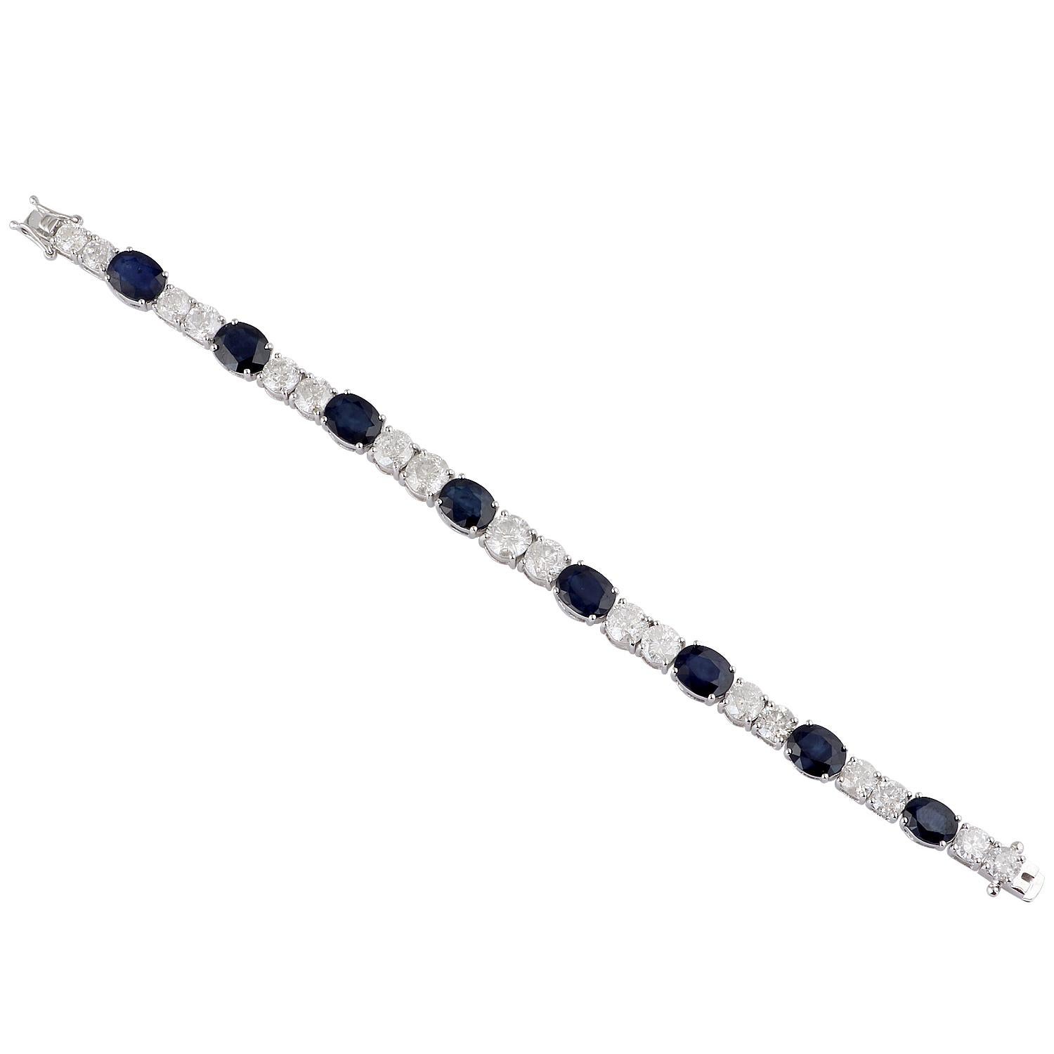 Ovales blaues Saphir-Edelsteinarmband Diamant 14kt Weißgold Handgefertigter Schmuck Damen im Angebot