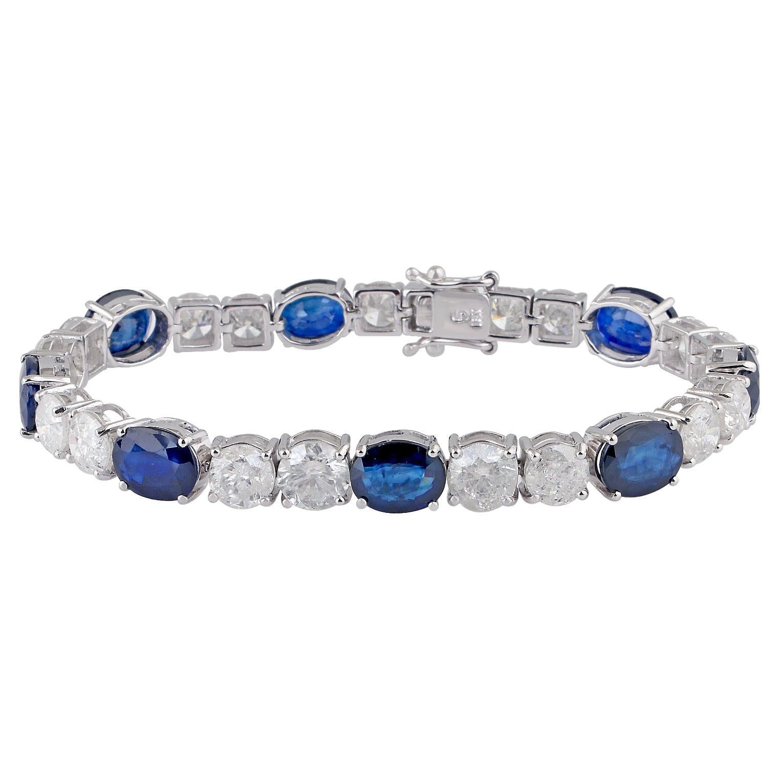 Oval Blue Sapphire Gemstone Bracelet Diamond 18 Kt White Gold Handmade Jewelry