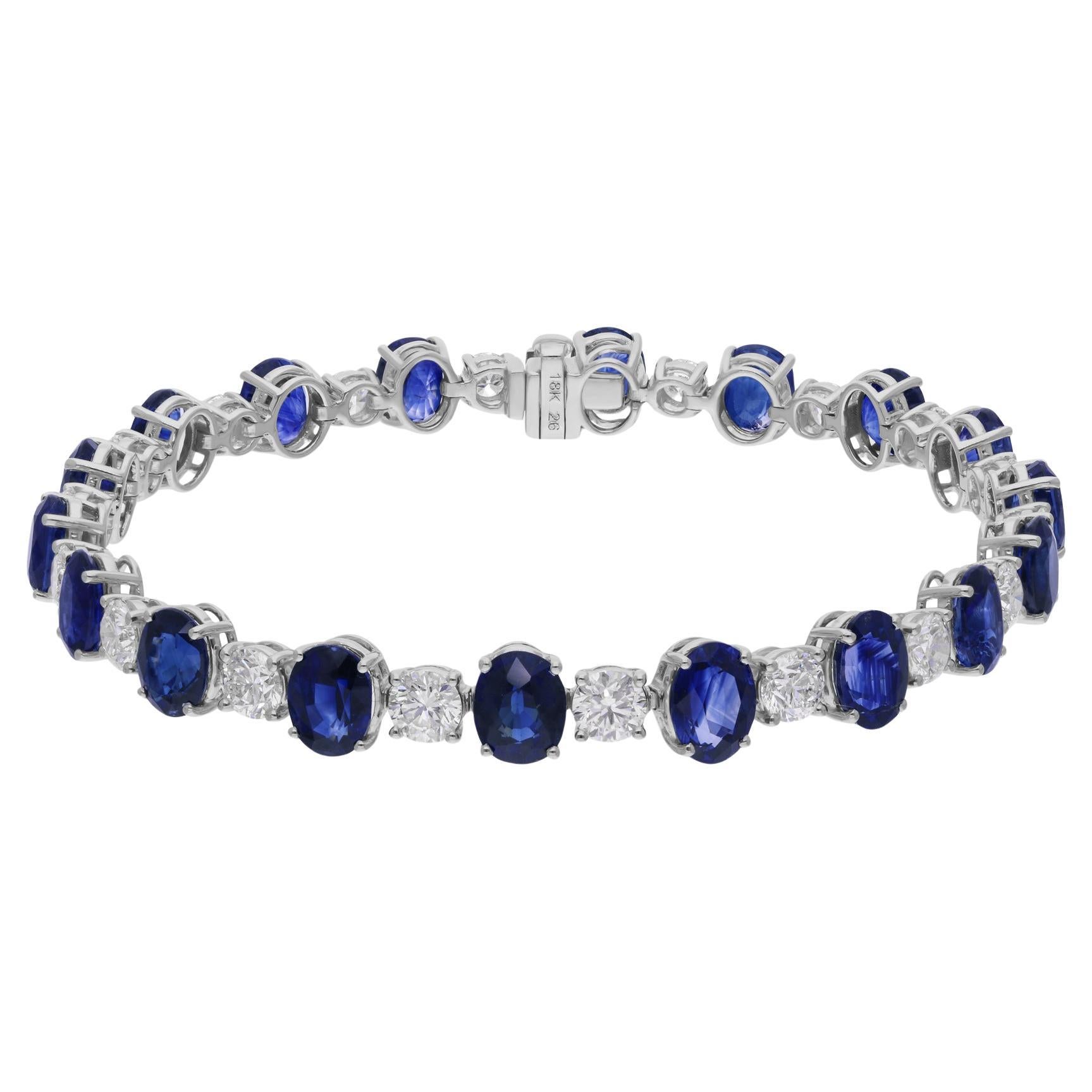 Oval Blue Sapphire Gemstone Bracelet SI/H Diamond 18 Karat White Gold Jewelry