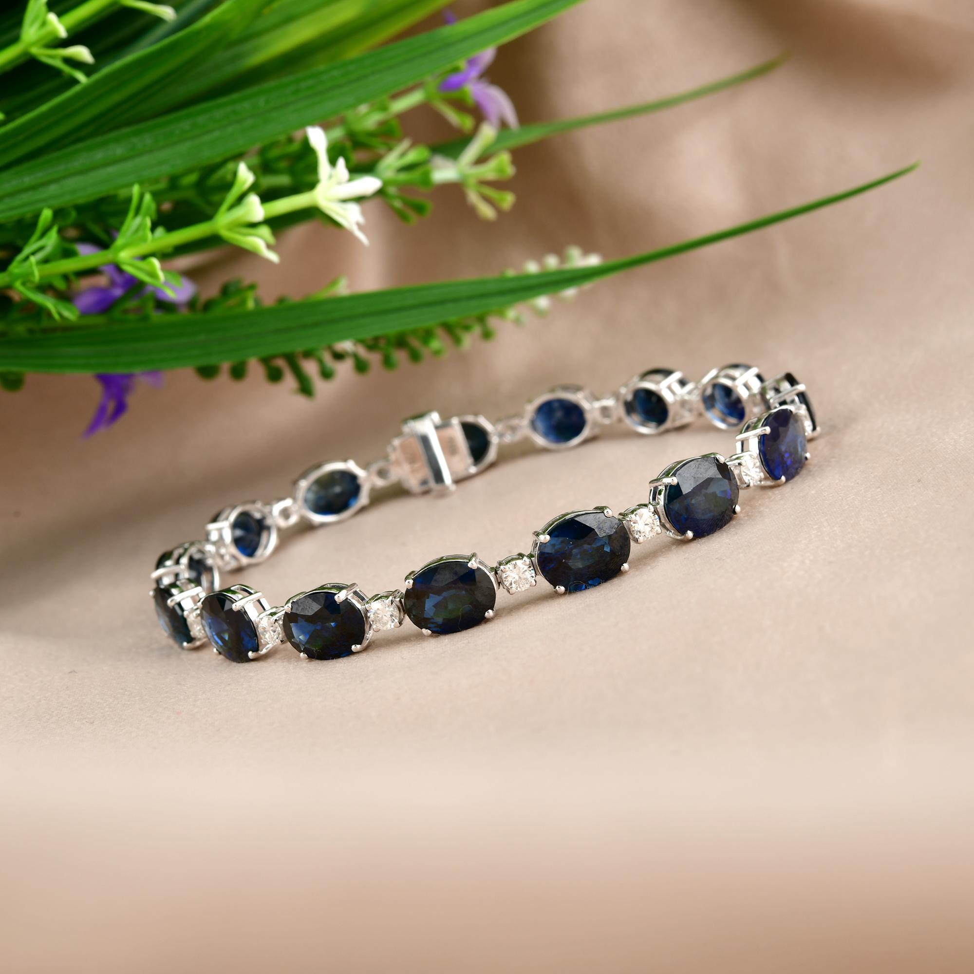 Modern Oval Blue Sapphire Gemstone Charm Bracelet Diamond 14 Karat White Gold Jewelry For Sale