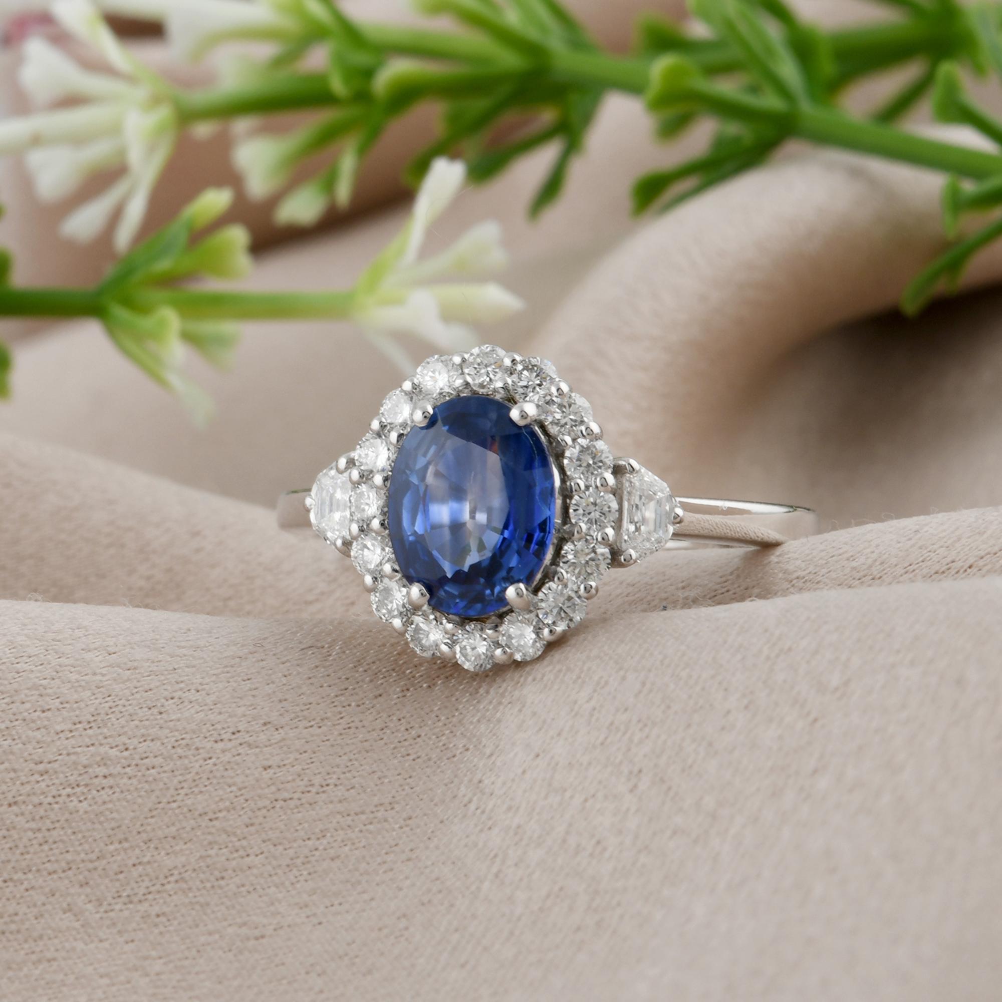 Oval Cut Oval Blue Sapphire Gemstone Cocktail Ring Diamond 14 Karat White Gold Jewelry For Sale