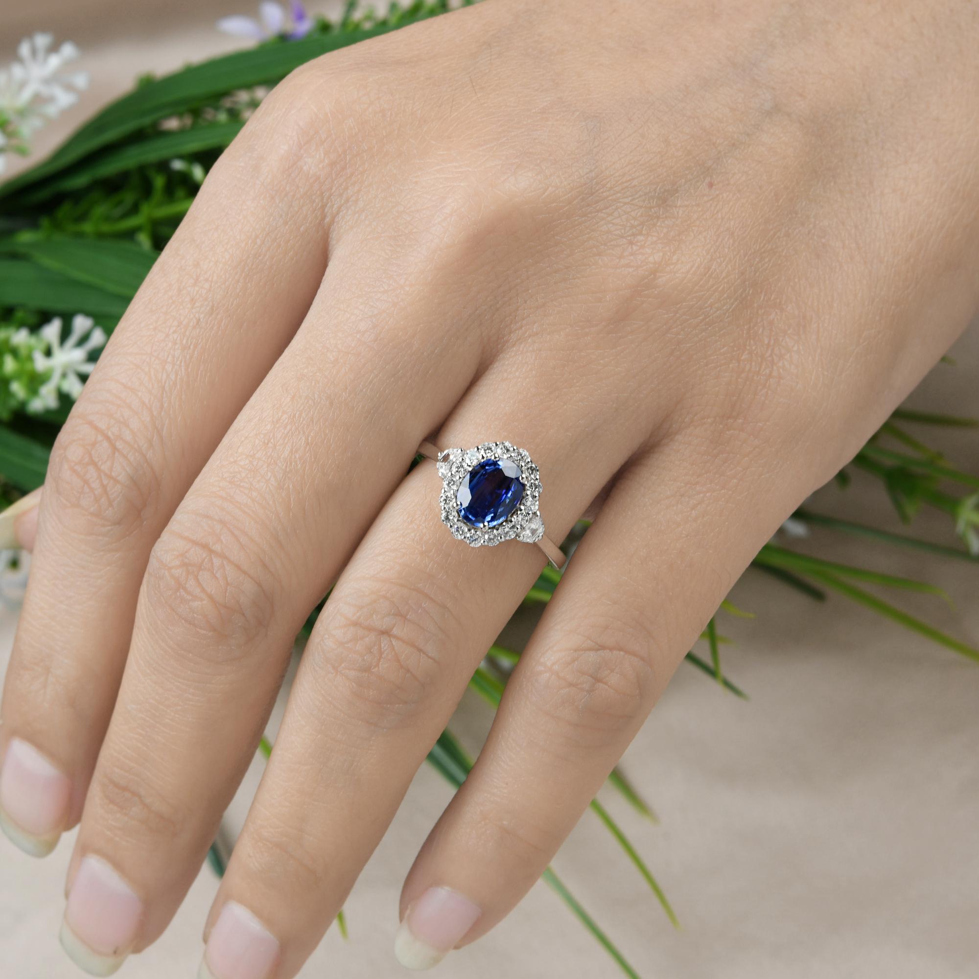 Women's Oval Blue Sapphire Gemstone Cocktail Ring Diamond 14 Karat White Gold Jewelry For Sale