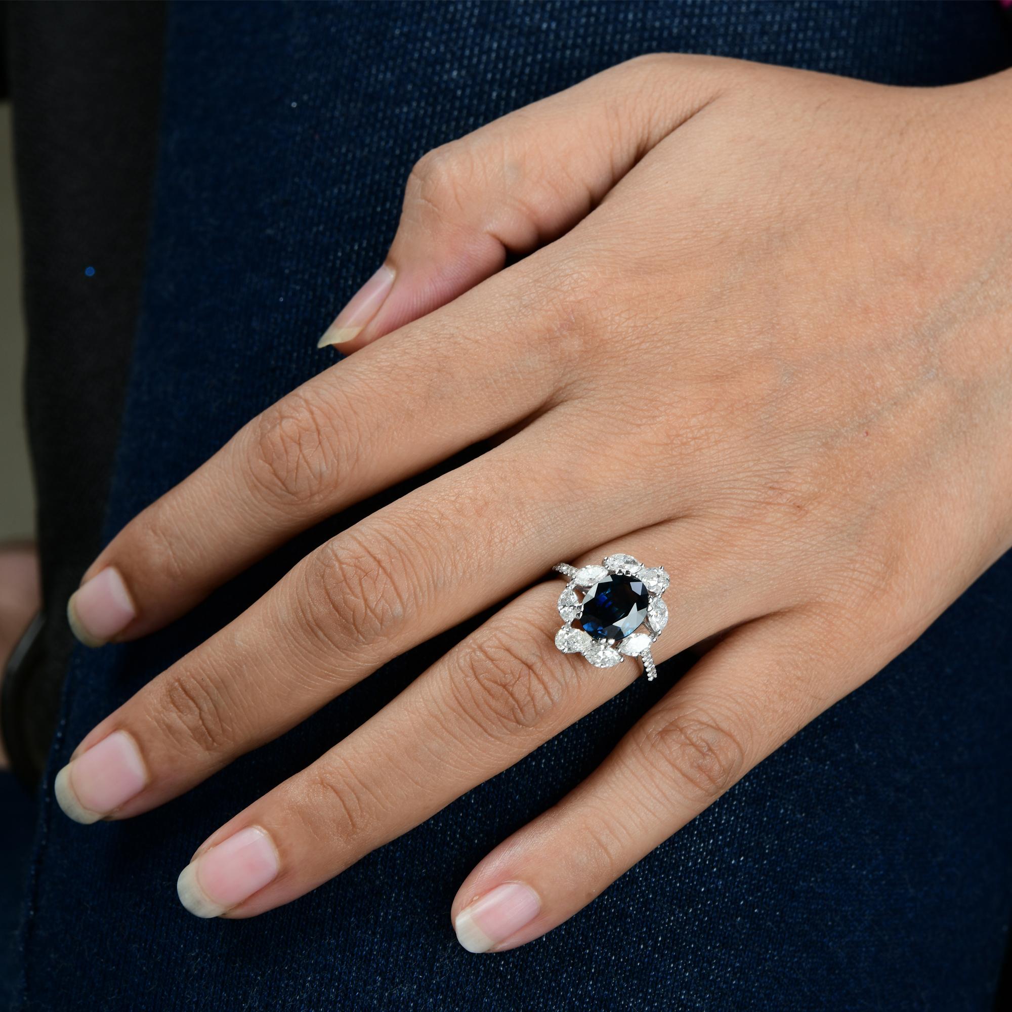 For Sale:  Oval Blue Sapphire Gemstone Cocktail Ring Diamond 18 Karat White Gold Jewelry 6