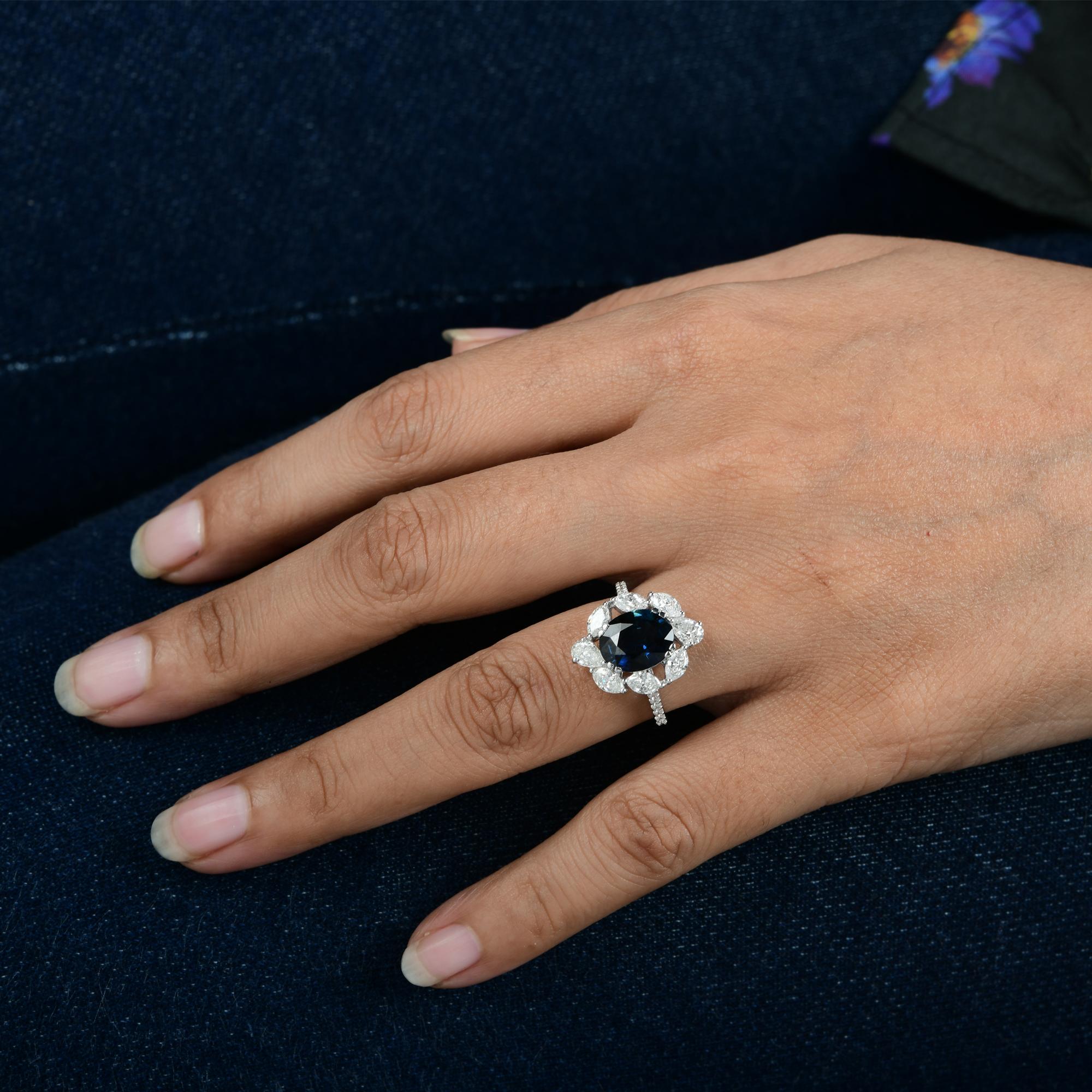 For Sale:  Oval Blue Sapphire Gemstone Cocktail Ring Diamond 18 Karat White Gold Jewelry 7