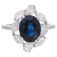 Oval Blue Sapphire Gemstone Cocktail Ring Diamond 18 Karat White Gold Jewelry