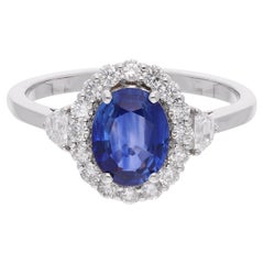 Oval Blue Sapphire Gemstone Cocktail Ring Diamond 18 Karat White Gold Jewelry