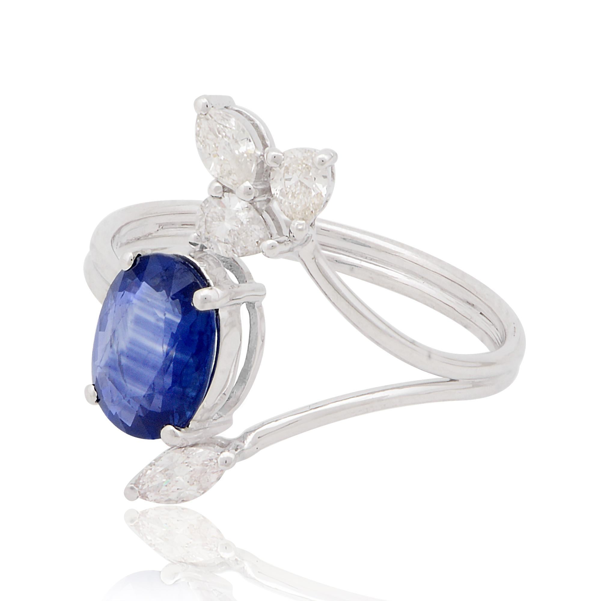 For Sale:  Oval Blue Sapphire Gemstone Cuff Ring Marquise Pear Diamond 10 Karat White Gold 2
