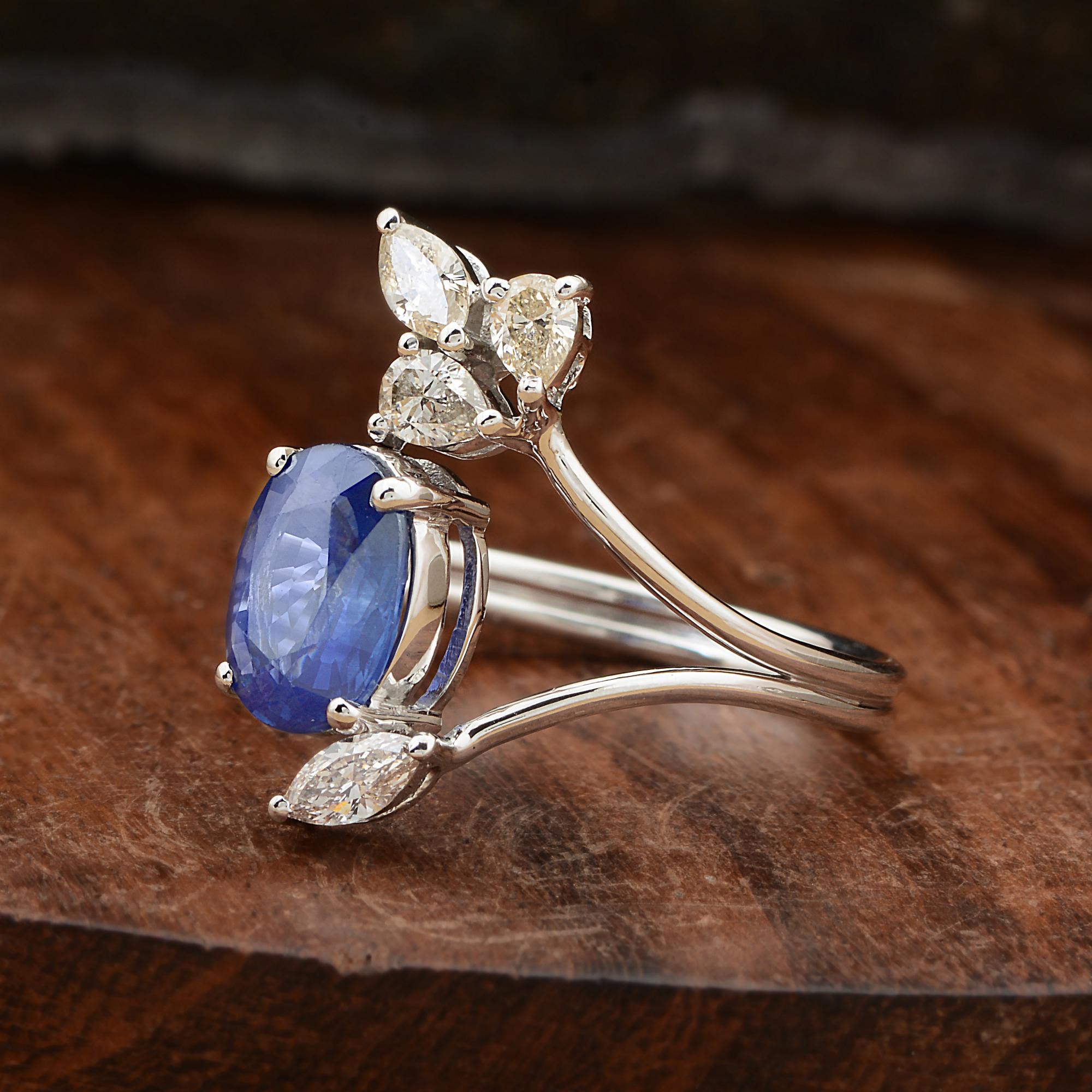 For Sale:  Oval Blue Sapphire Gemstone Cuff Ring Marquise Pear Diamond 10 Karat White Gold 3