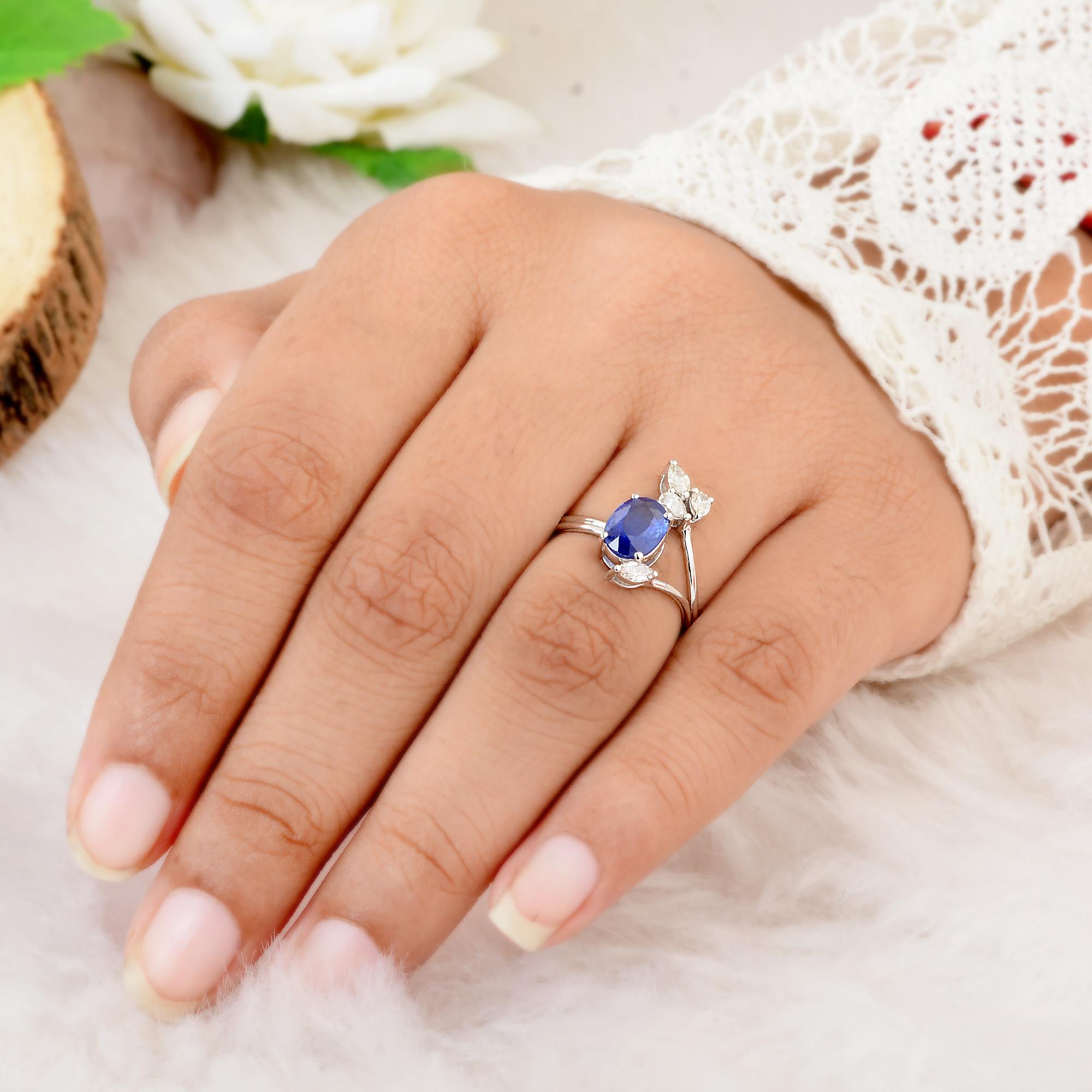 For Sale:  Oval Blue Sapphire Gemstone Cuff Ring Marquise Pear Diamond 10 Karat White Gold 4