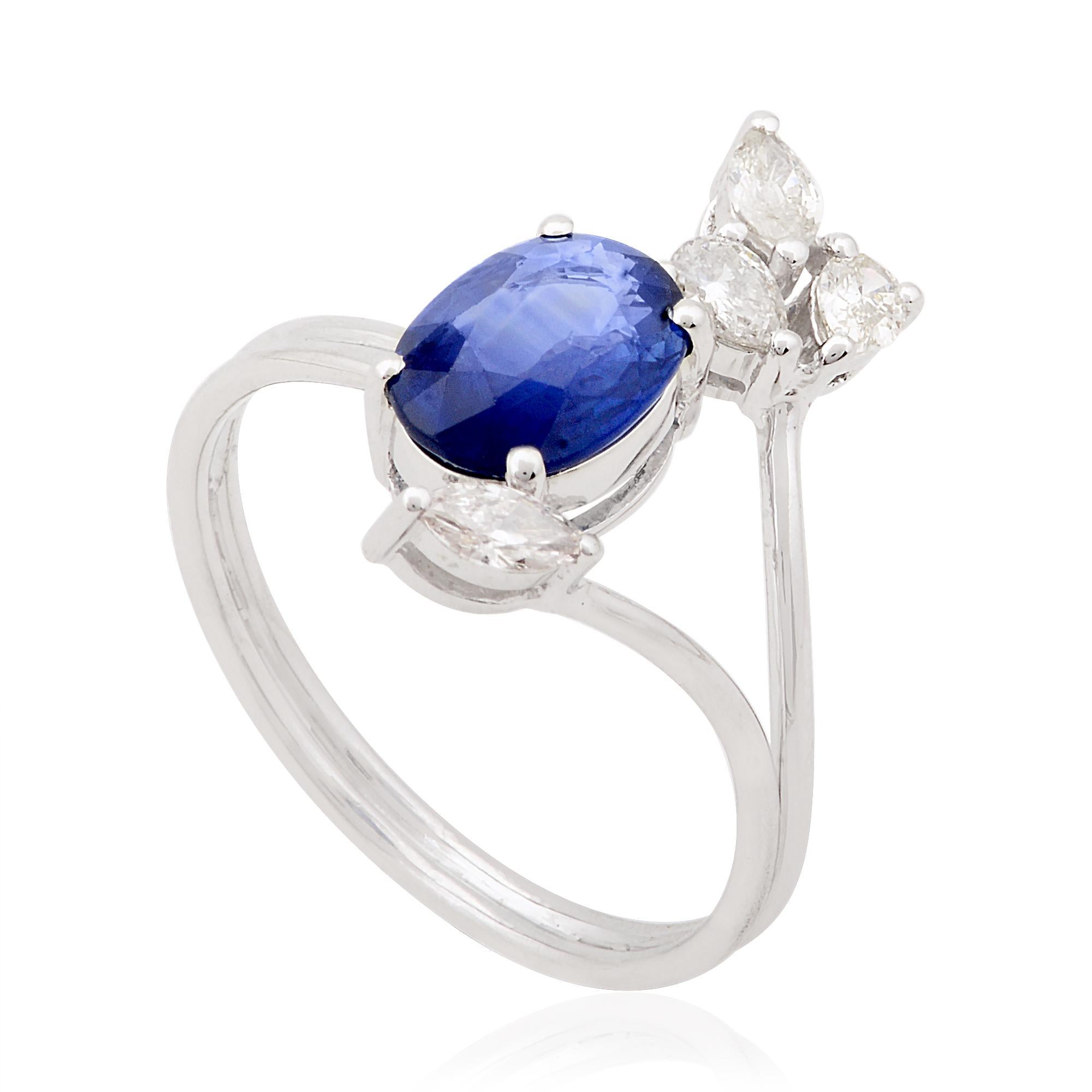 For Sale:  Oval Blue Sapphire Gemstone Cuff Ring Marquise Pear Diamond 10 Karat White Gold 5