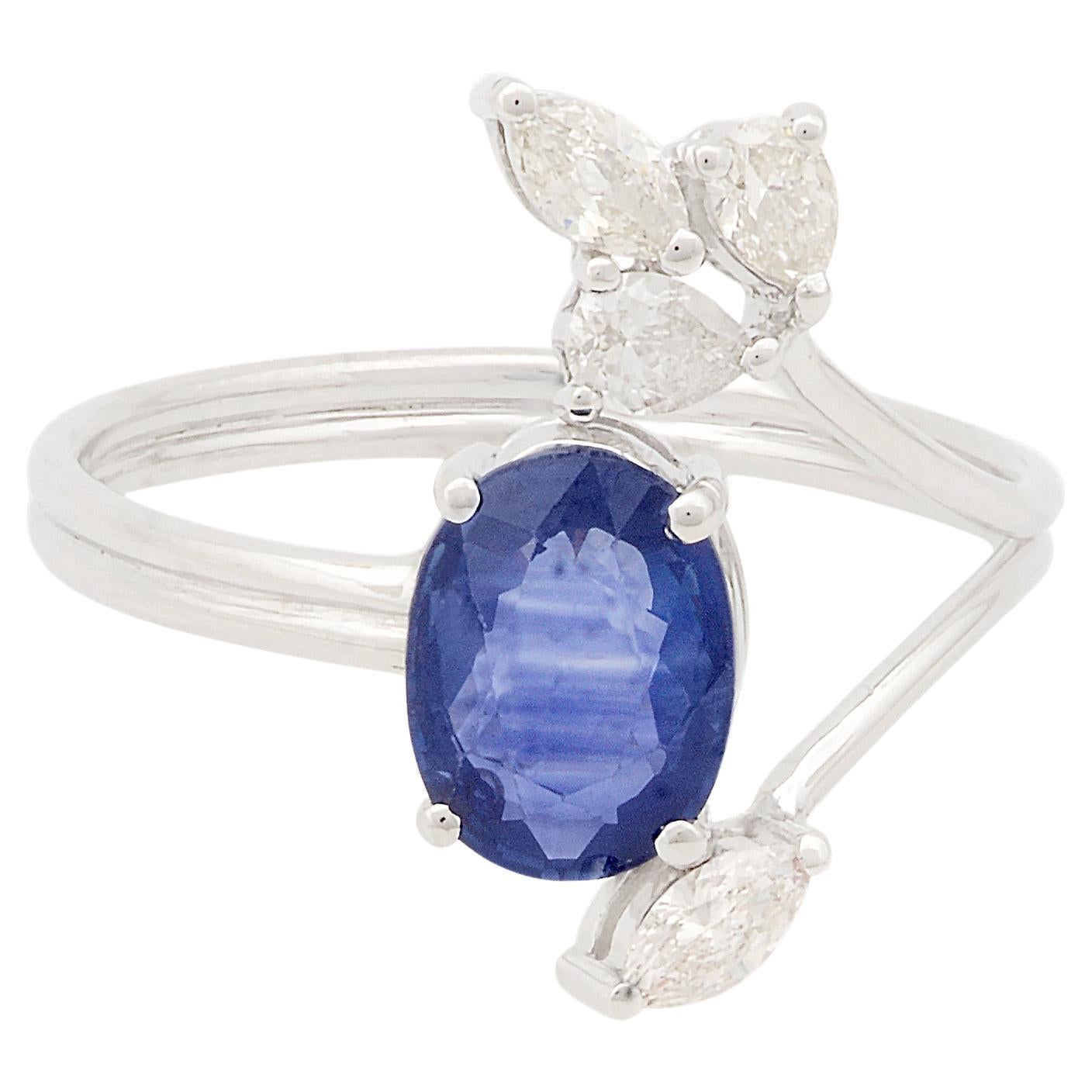 Oval Blue Sapphire Gemstone Cuff Ring Marquise Pear Diamond 10 Karat White Gold
