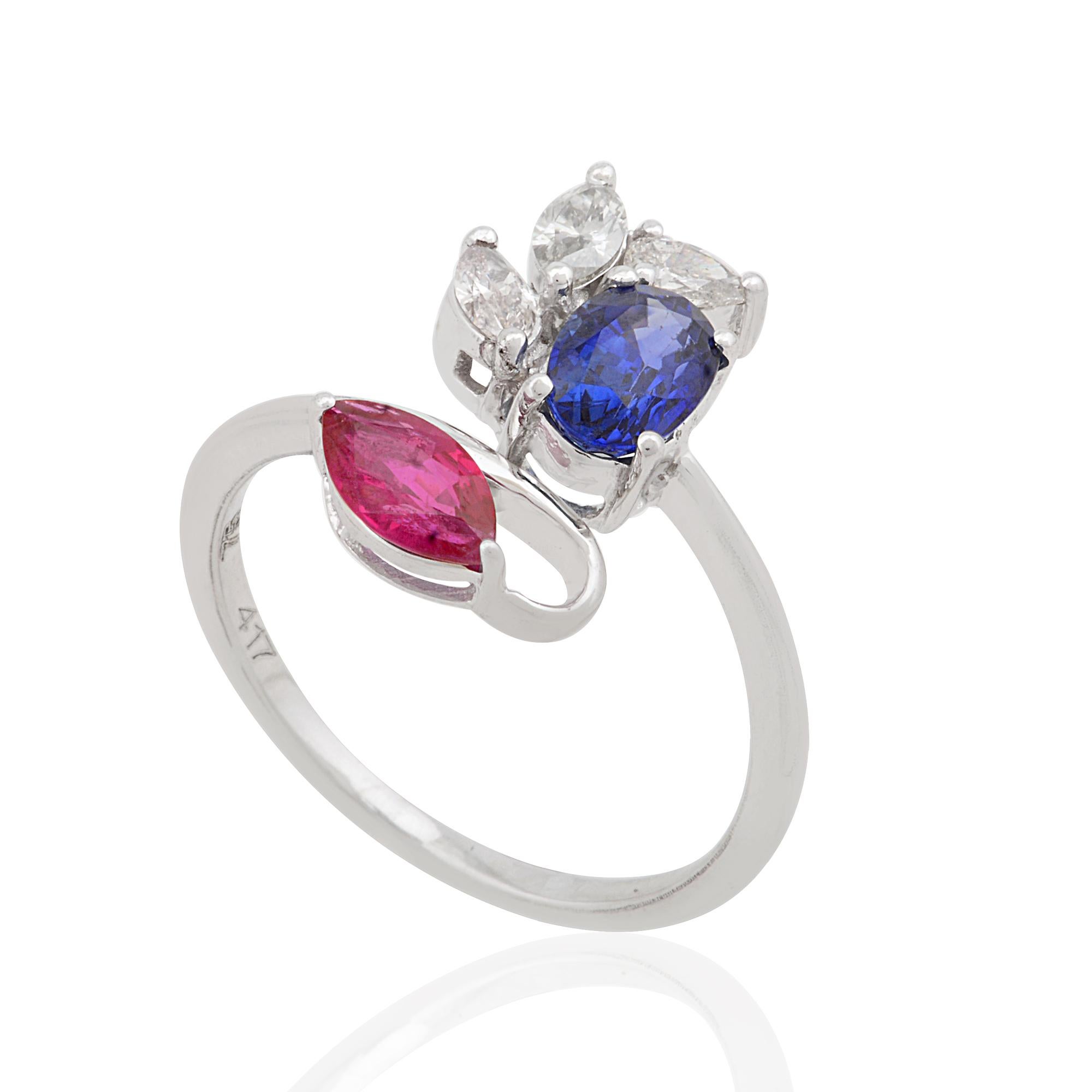 Modern Oval Blue Sapphire Gemstone Ring Ruby Diamond Ruby 10 Karat White Gold Jewelry For Sale