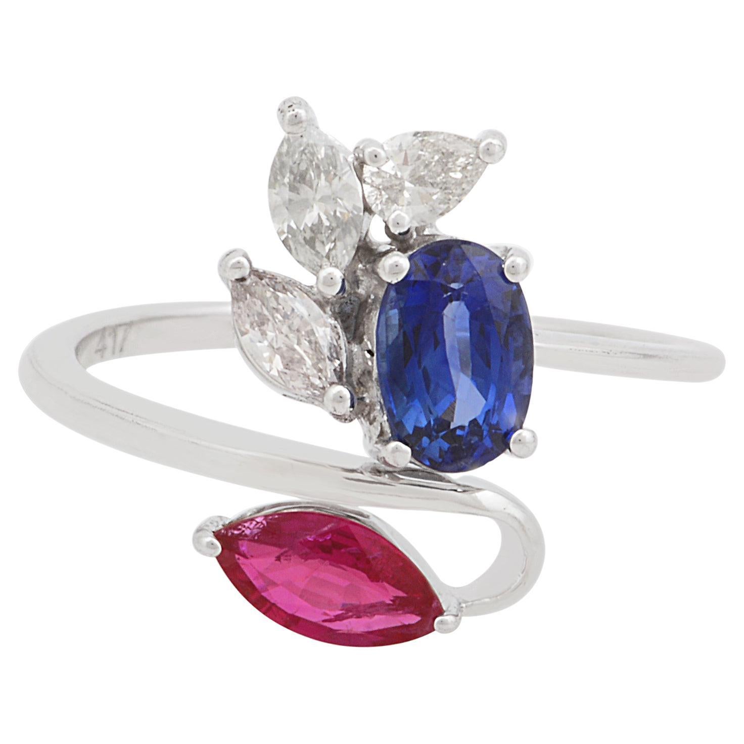 Oval Blue Sapphire Gemstone Ring Ruby Diamond Ruby 10 Karat White Gold Jewelry For Sale