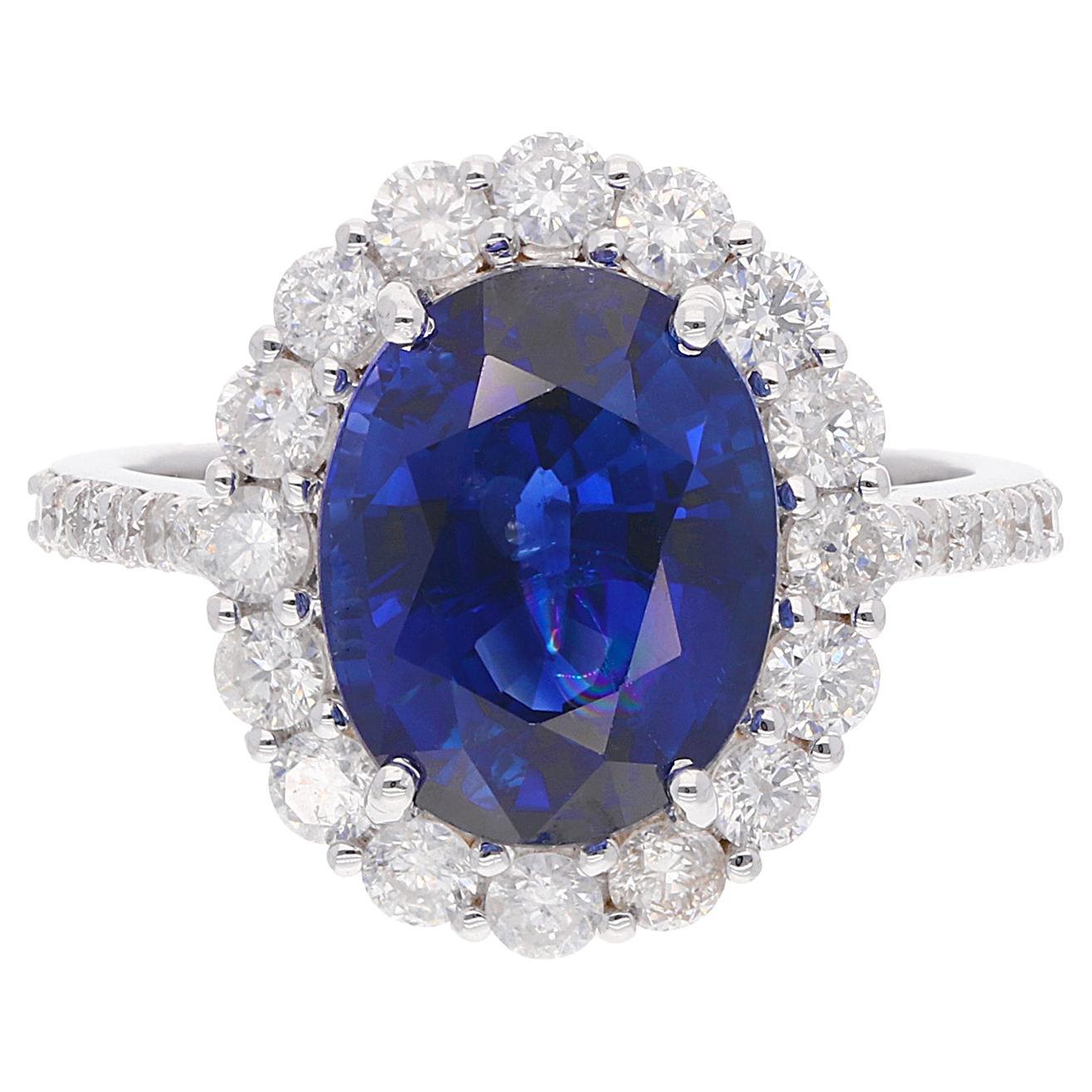 Oval Blue Sapphire Gemstone Ring SI Clarity HI Color Diamond 18 Karat White Gold