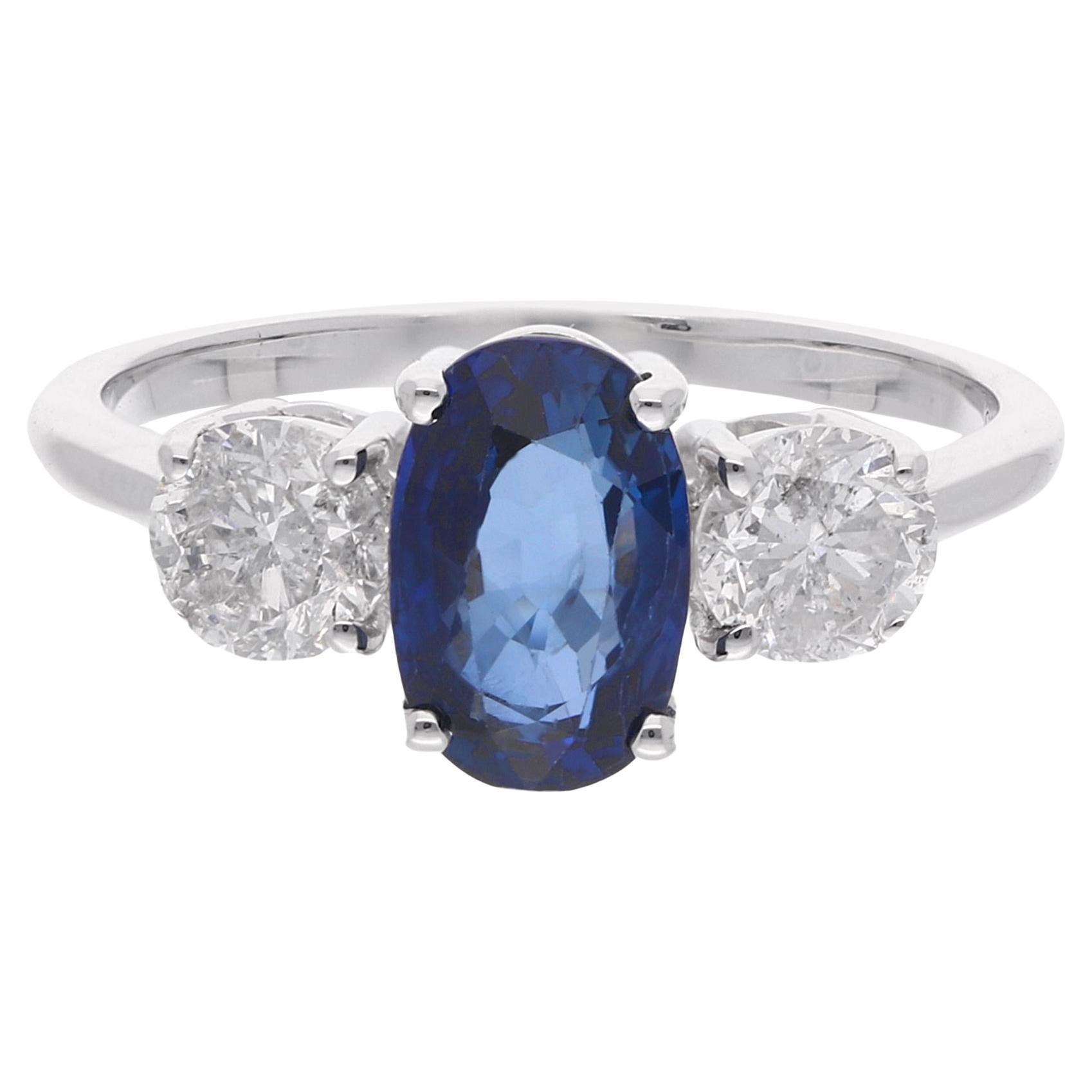 Oval Blue Sapphire Gemstone Wedding Ring Diamond 18 Karat White Gold Jewelry For Sale
