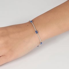 4.21 Carat Oval Natural Sapphire Diamond Station Stack Bracelet, 14k White Gold