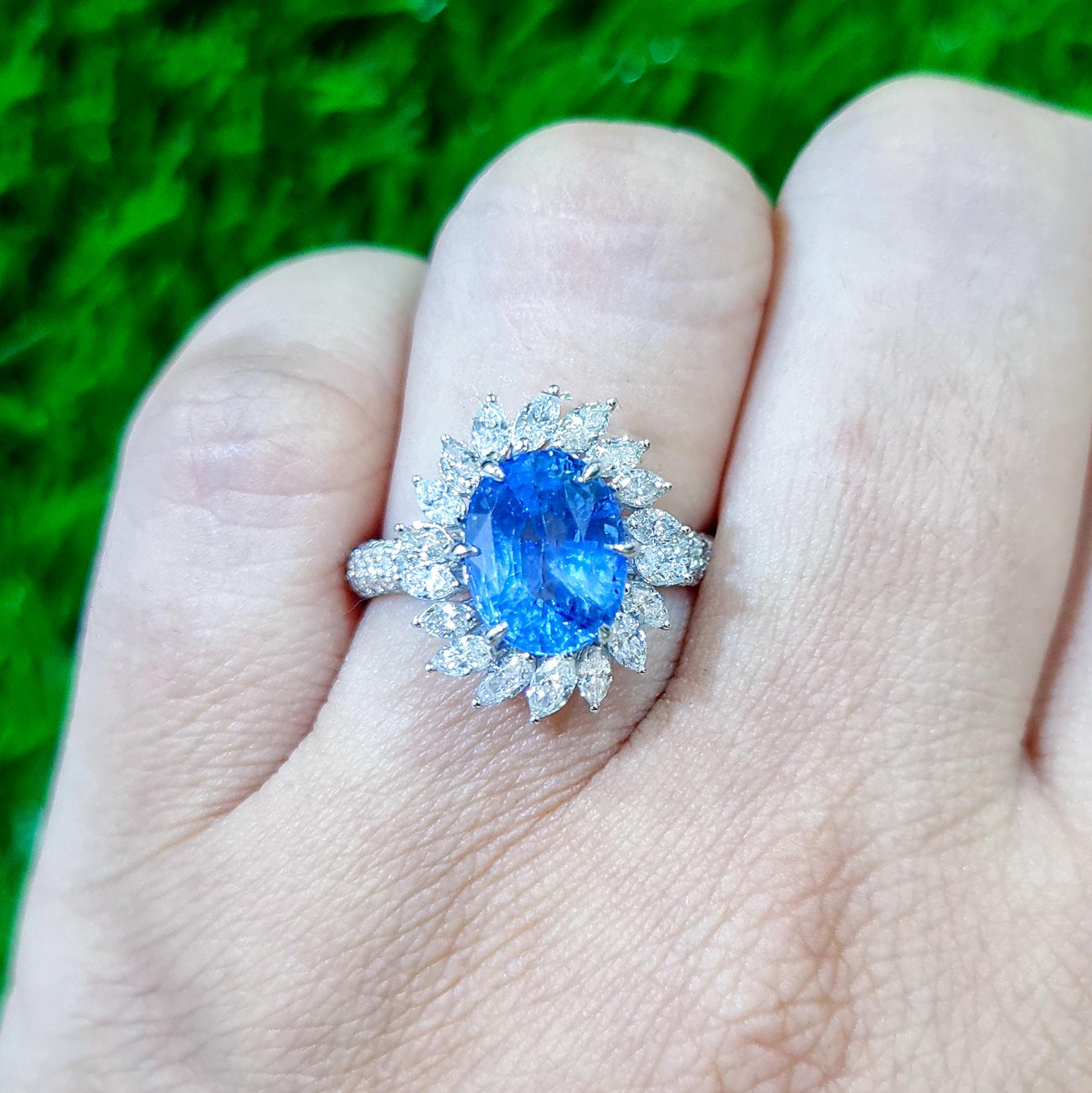 It comes with the appraisal by GIA GG/AJP
All Gemstones are Natural
Blue Sapphire = 3.32 Carat
Diamonds = 2.50 Carats
Metal: 18K White Gold
Ring Size: 7* US
*It can be resized complimentary