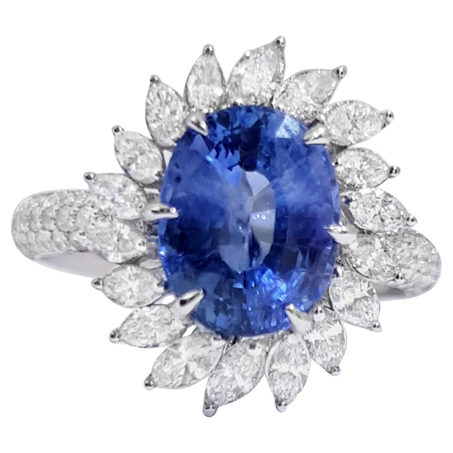 Oval Blue Sapphire Ring Marquise Diamond Halo 5.82 Carats 18K Gold For Sale