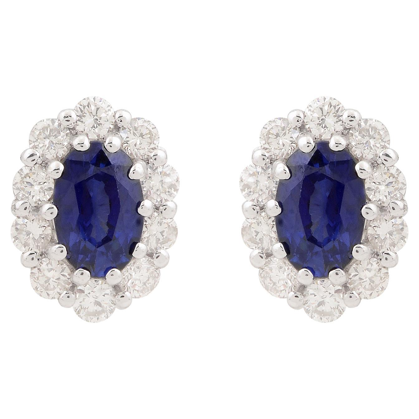 Oval Blue Sapphire Stud Earrings SI Clarity HI Color Diamond 14k White Gold 