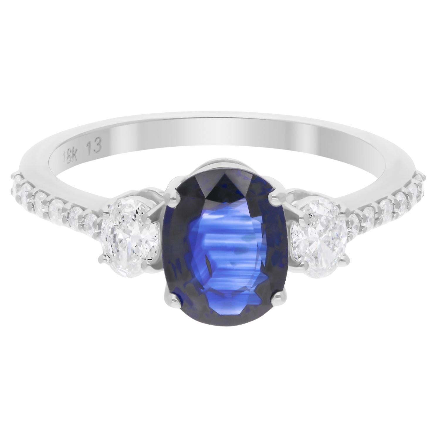 Oval Blue Sapphire Wedding Ring SI/H Oval Brilliant Cut Diamond 18k White Gold