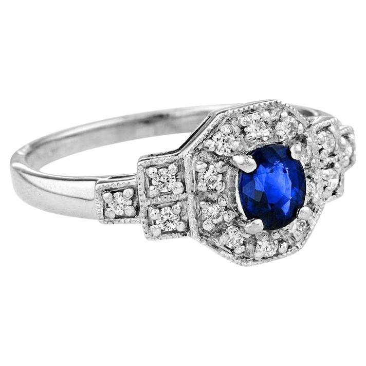 Oval Blue Sapphire with Diamond Art Deco Style Ring in Platinum950