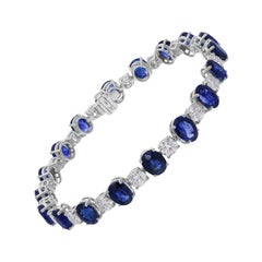 Oval Blue Sapphire with Round Diamond Tennis Bracelet 18K White Gold Jewelry