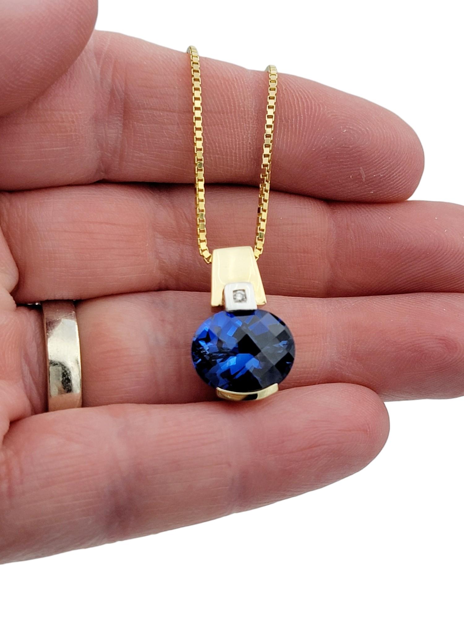 Oval Blue Synthetic Sapphire and Natural Diamond 14 Karat Gold Pendant Necklace For Sale 2
