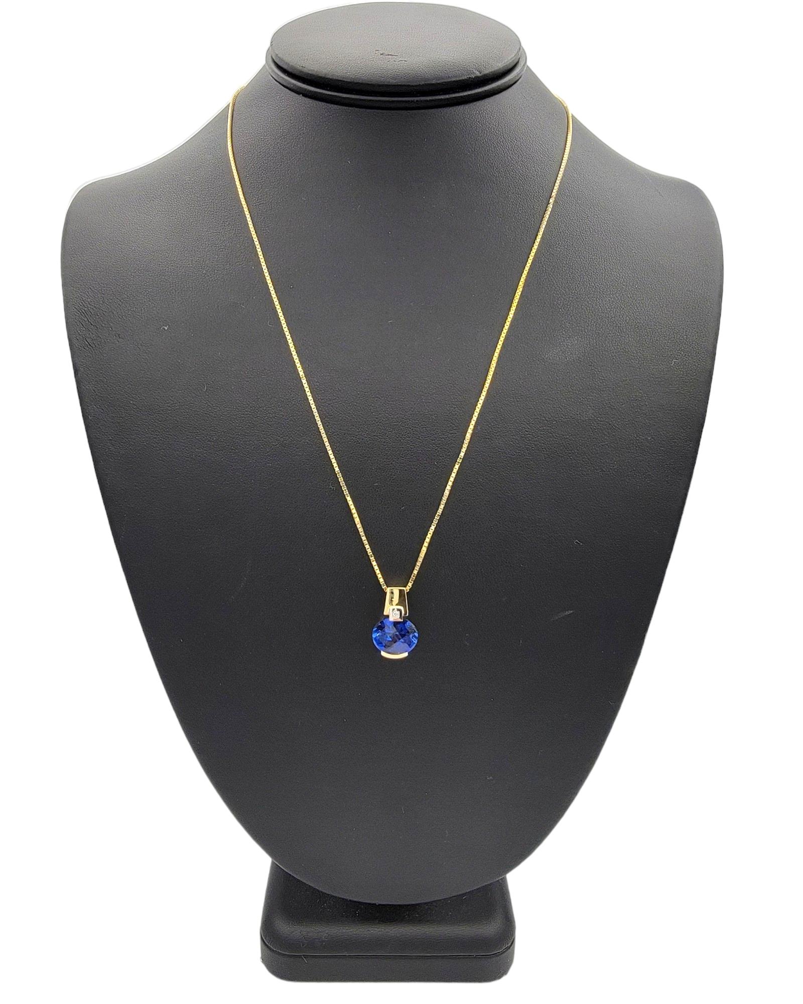 Oval Blue Synthetic Sapphire and Natural Diamond 14 Karat Gold Pendant Necklace For Sale 3