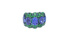 Oval Blue Tanzanite Green Tsavorite Sapphire Pave Dome 18 Karat White Gold Ring