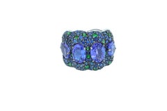 Oval Blue Tanzanite Green Tsavorite Sapphire Pave Dome 18 Karat White Gold Ring