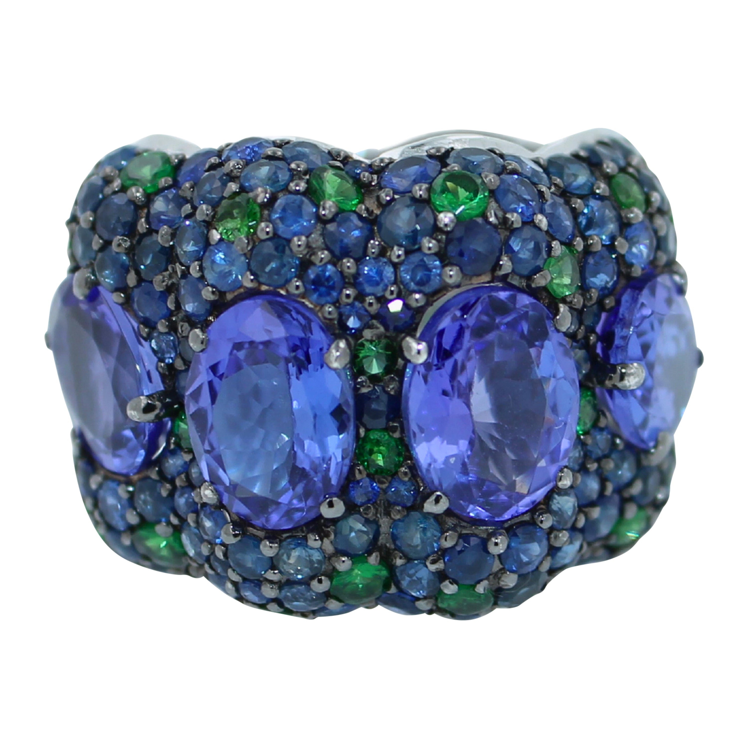 Bague ovale en or blanc 18 carats Tanzanite bleue Tsavorite verte Saphir Pave Dome