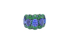 Oval Blue Tanzanite Green Tsavorite Sapphire Pave Dome 18 Karat White Gold Ring
