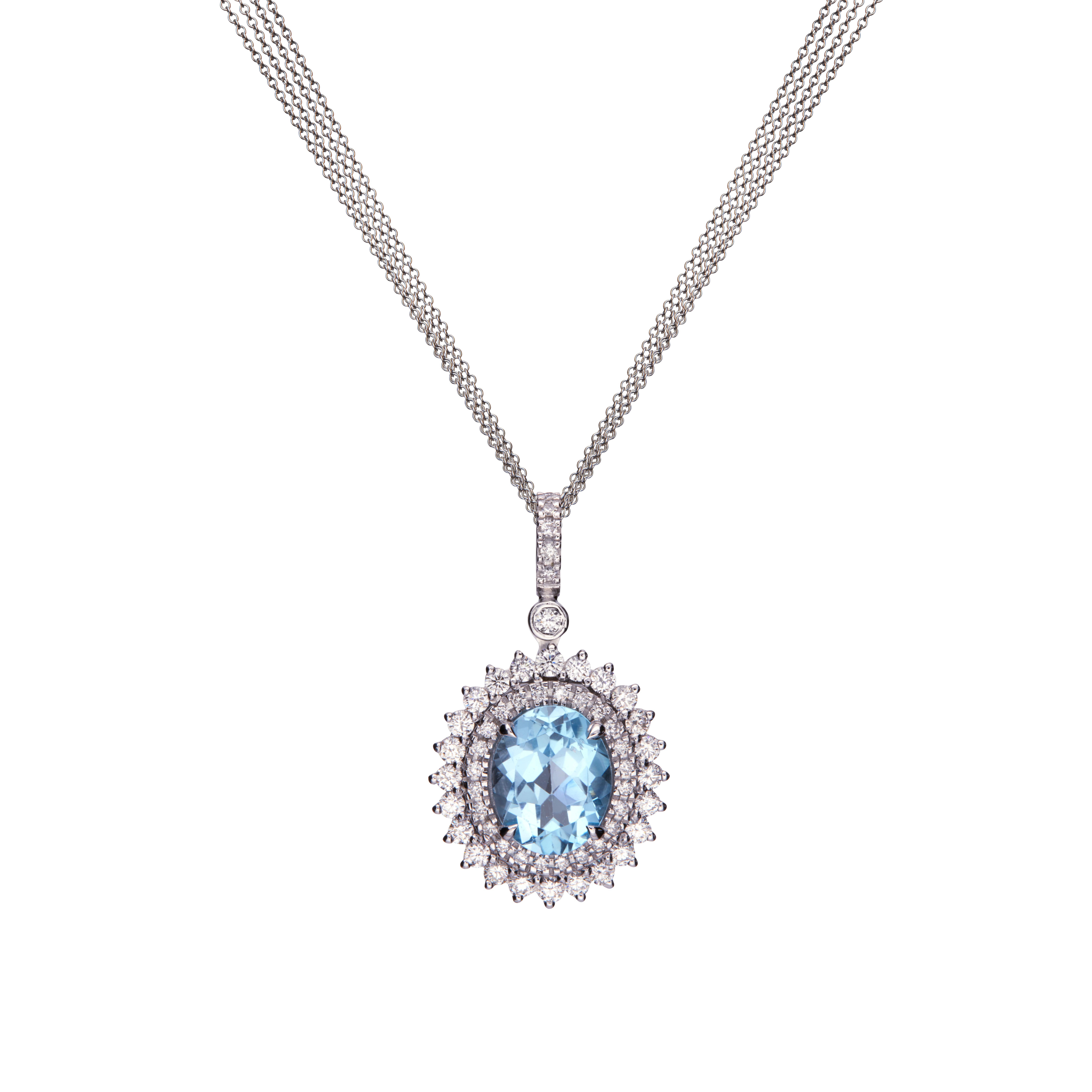 Blue Topaz 3.19ct Pendant Necklace made of 18Kt White Gold and double halo with 0.73 carat Brilliant Cut Diamonds. The blue topaz is carefully set among four prongs while each round brilliant diamond—specifically chosen to be part of this