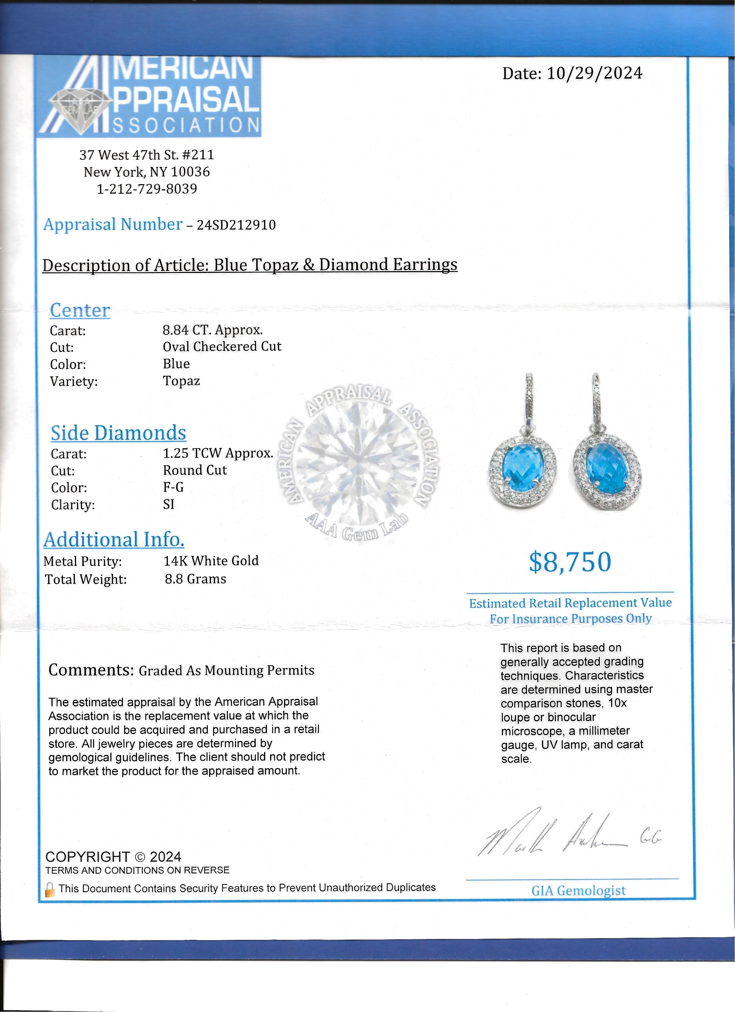 Oval Blue Topaz and Diamond Halo Huggie Dangle Earrings in 14 Karat White Gold For Sale 4