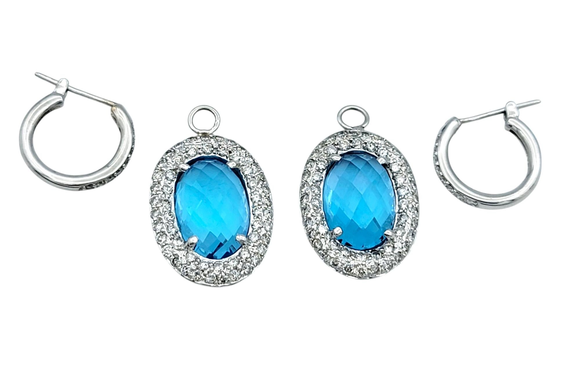 Oval Blue Topaz and Diamond Halo Huggie Dangle Earrings in 14 Karat White Gold In Good Condition For Sale In Scottsdale, AZ