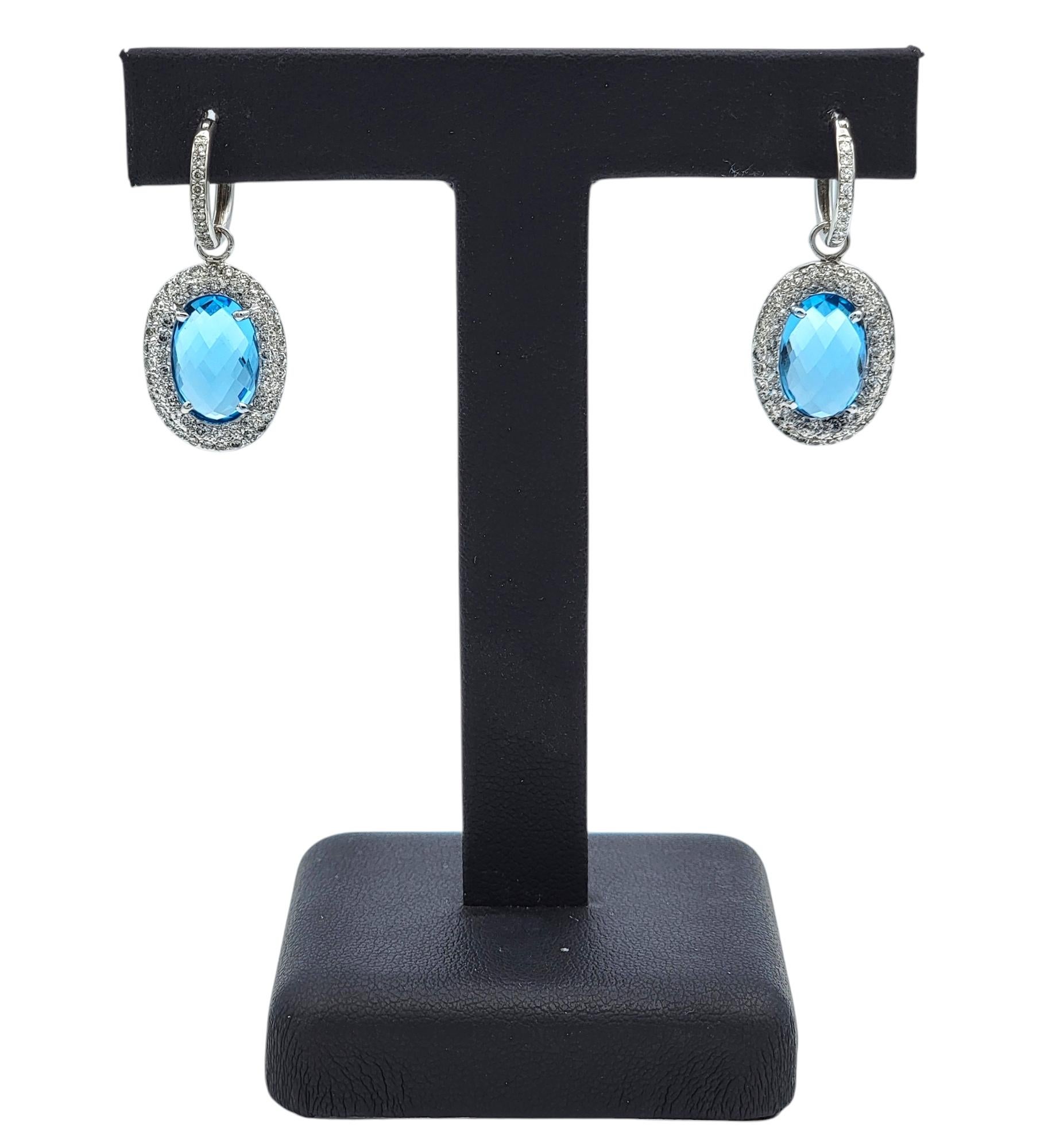 Oval Blue Topaz and Diamond Halo Huggie Dangle Earrings in 14 Karat White Gold For Sale 2
