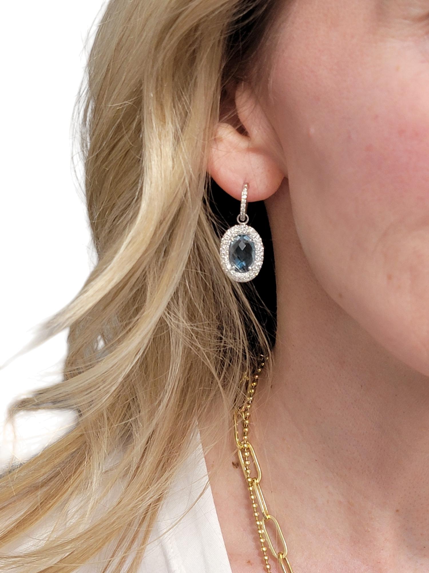 Oval Blue Topaz and Diamond Halo Huggie Dangle Earrings in 14 Karat White Gold For Sale 3
