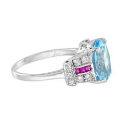 Oval Blue Topaz & Diamond and Ruby Art Deco Style 14K White Gold Ring