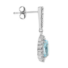 Oval Blue Topaz & Diamond Halo Drop 14K White Gold Drop Dangle Earrings