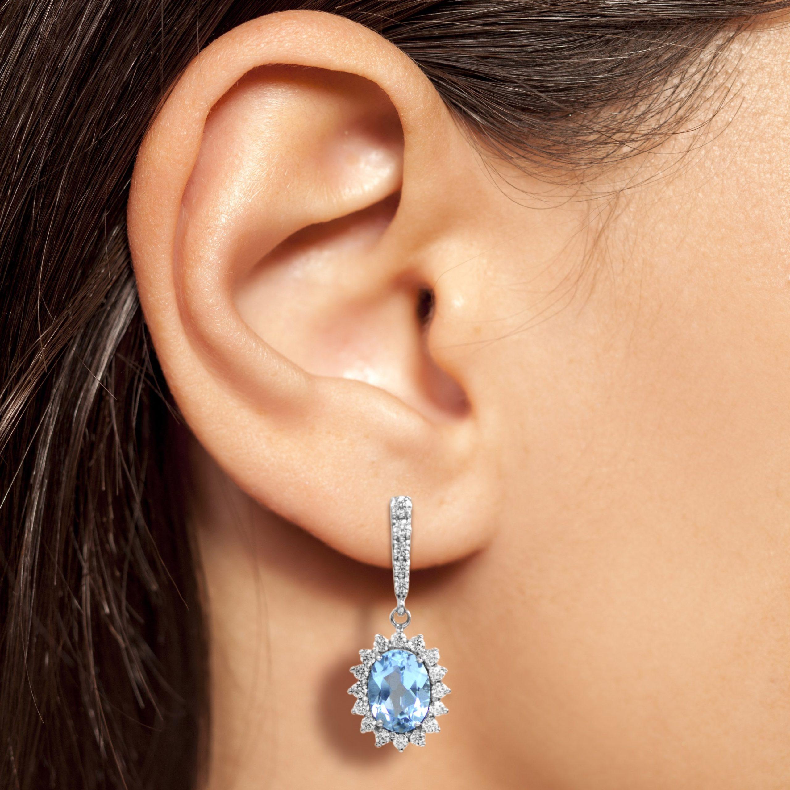 Oval Blue Topaz & Diamond Halo Drop 14K White Gold Drop Dangle Earrings Damen im Angebot