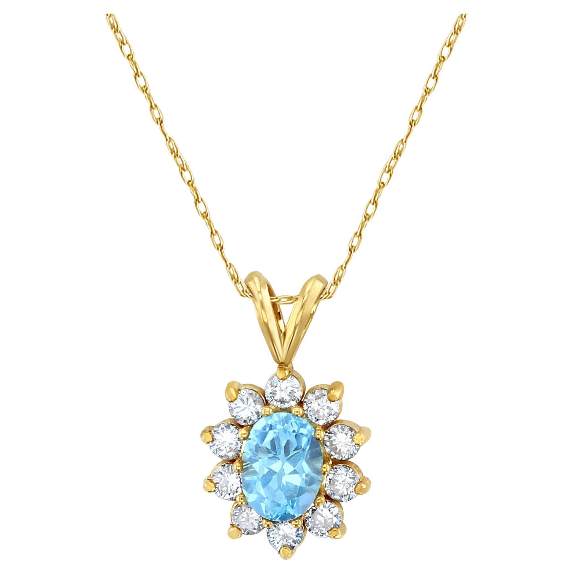 Oval Blue Topaz Diamond Halo Necklace 1.75cttw 14k Yellow Gold
